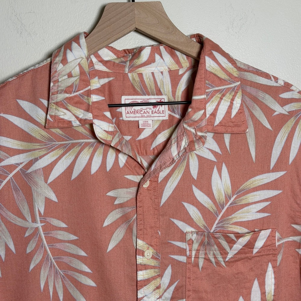 American Eagle Mens L Coral Tropical Palm Leaf Cotton Linen Short Sleeve Shirt - Picture 5 of 8